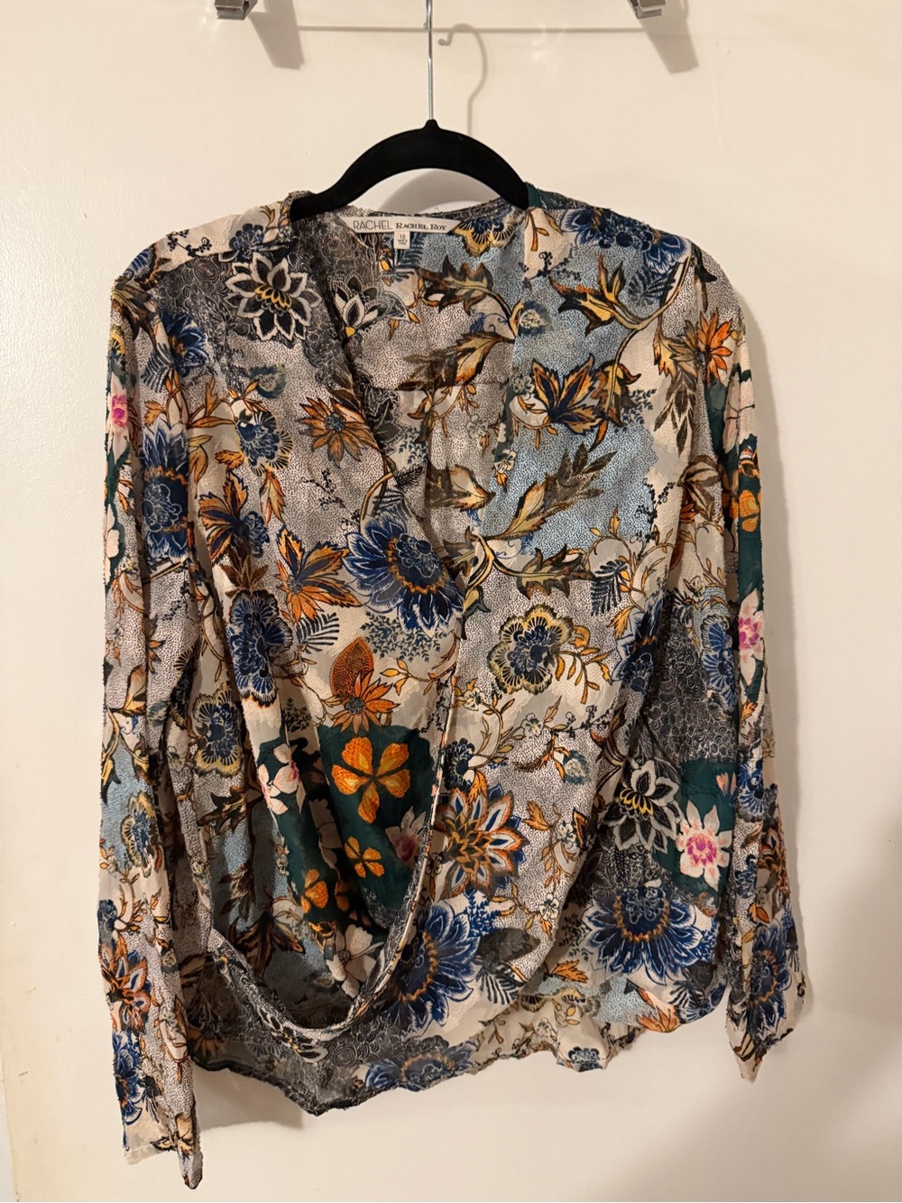 RACHEL Rachel Roy Floral Draped V-Neck Blouse - Blue, Green, Cream, Brown